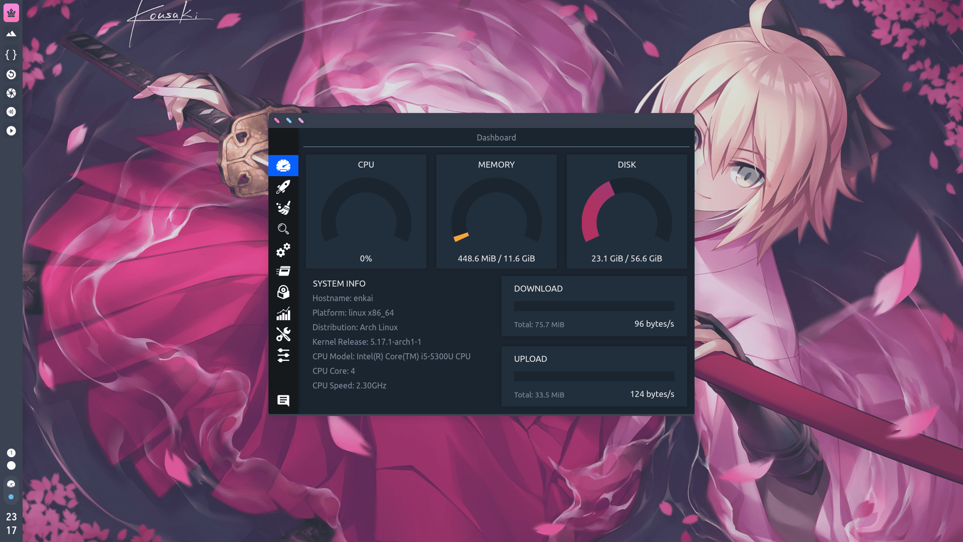neofetch and htop showing the system idling at a fraction of the RAM a typical desktop uses